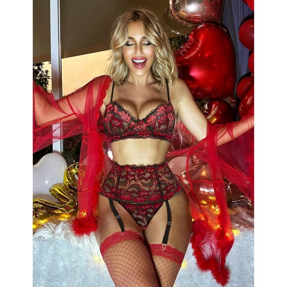 Women Dak Red Lingerie Set High Waisted Underwire Lingerie With Garter Belt Lace - Picture 3 of 6